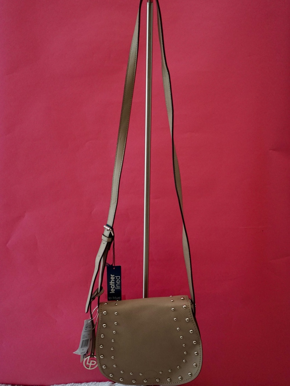 Blue Linea Pelle Studded Saddle Crossbody Bag NWT Taupe Grey